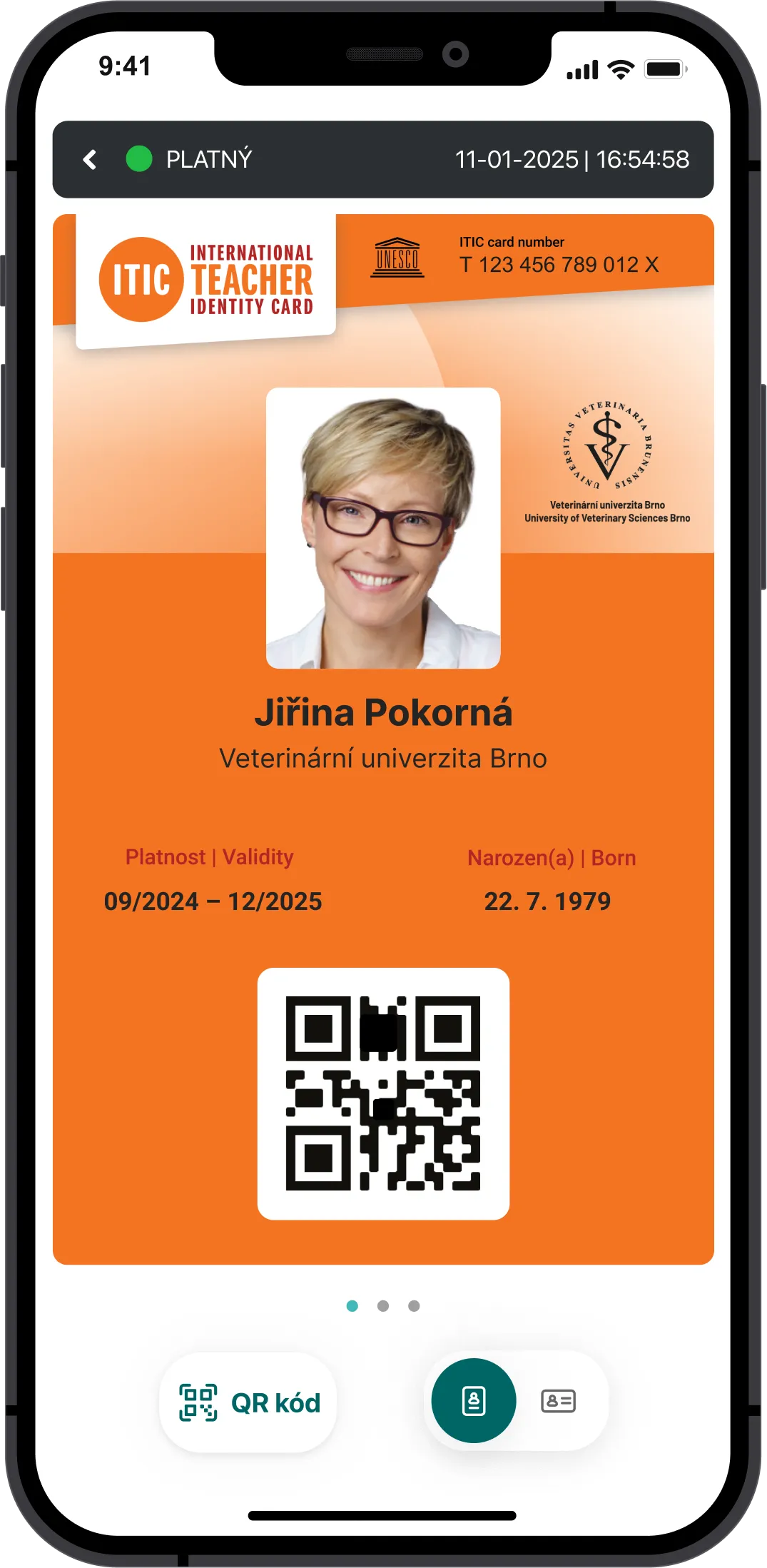 Ukázka digitálního ISIC v mobilní aplikaci